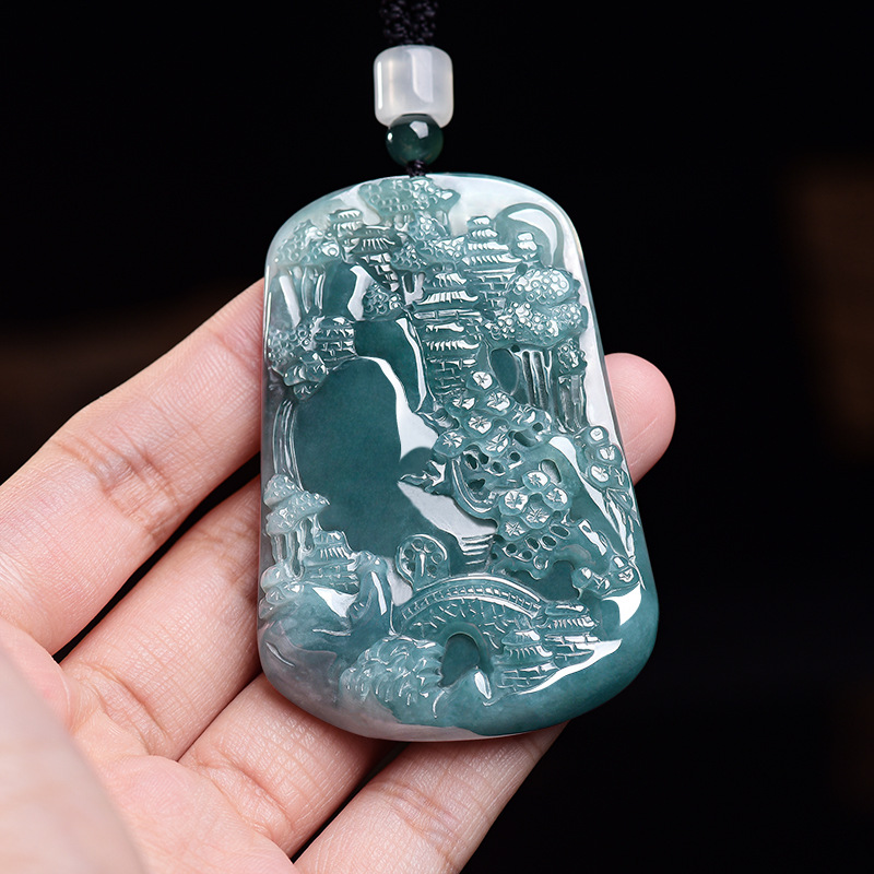Vintage Fashion Women - Collier pendentif paysage en jadéite birmane