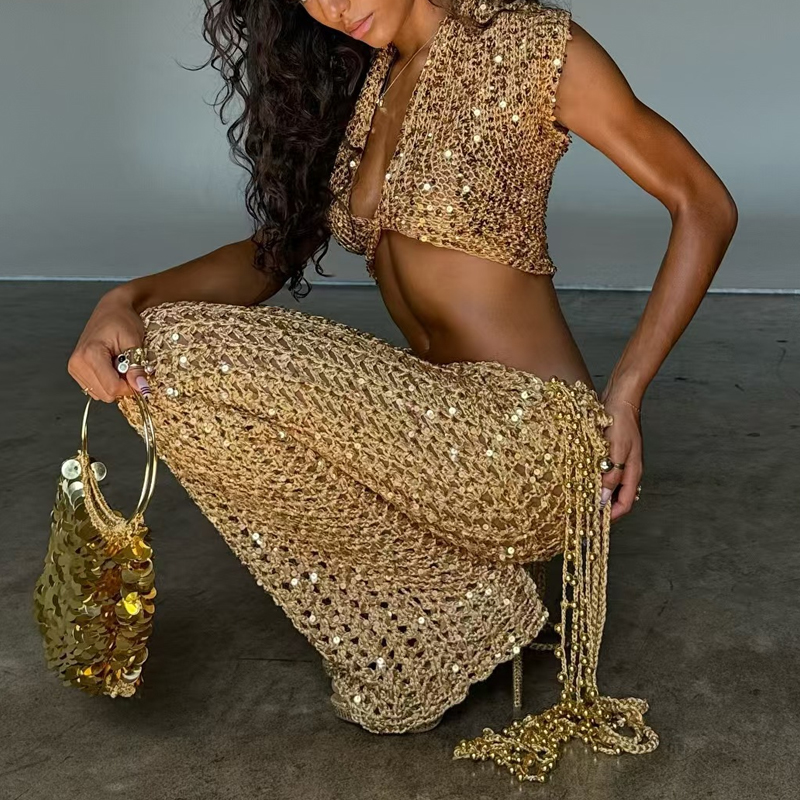 V Vintage Fashion - Sexy épicé fille évider brillant perle